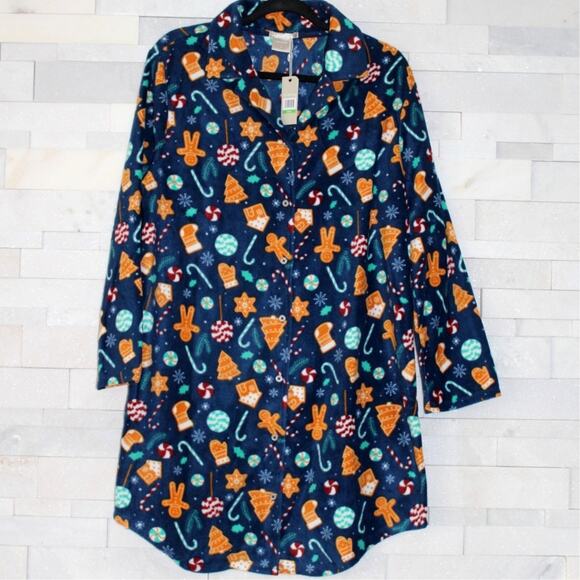 INK + IVY NWT Fleece Holiday Christmas Cookie Button Down Notch Sleep Shirt PJ L - Picture 3 of 7